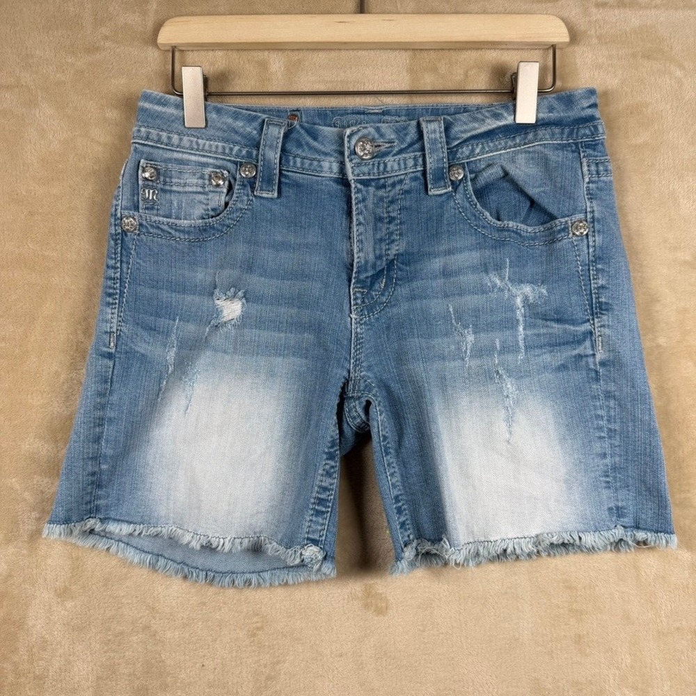 Miss Me Women 29 Mid-Rise Distressed‎ Denim Shorts Light Wash Fleur De Lis